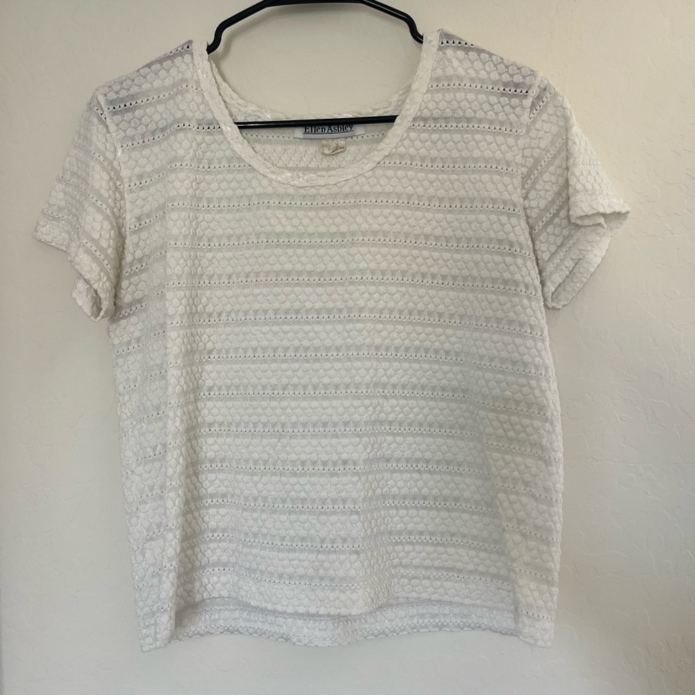 Vintage Ellen Ashley Top Sheer White‎ Lacey Textured Tee T-shirt 90s Y2K